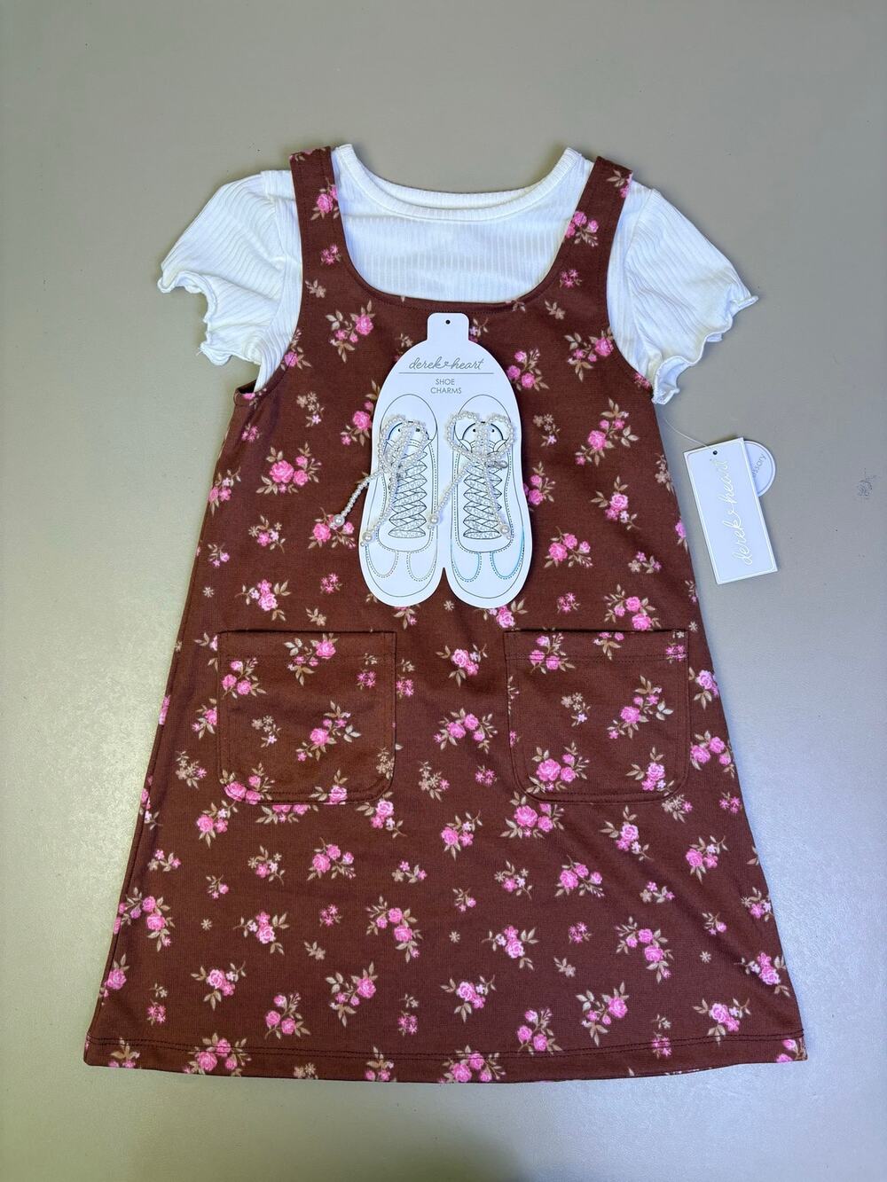 Derek Heart Girls Floral Jumper Dress Top Shoe Charms 3 Pc Set Size 5 NWT